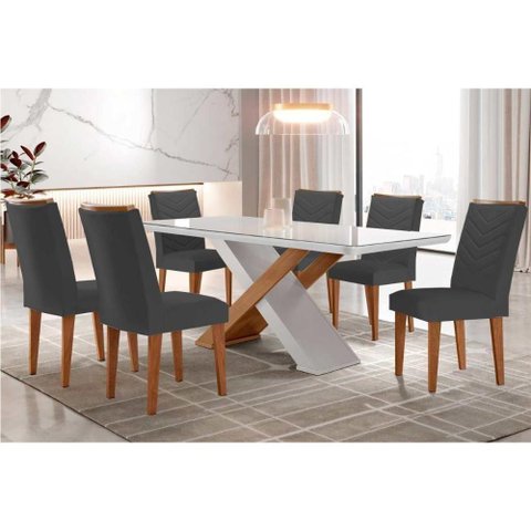 Sala de Jantar Completa Imperatriz Tampo Madeirado C- Vidro Canto Curvo 180x90 e 6 Cadeiras Londrina