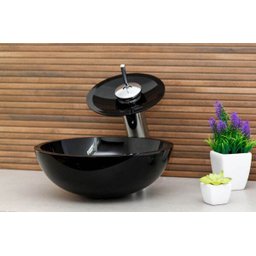 Kit: Cuba Redonda 35Cm Preta + Torneira Cascata + Válvula Click - 2