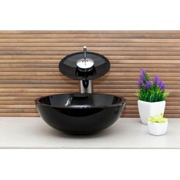 Kit: Cuba Redonda 35Cm Preta + Torneira Cascata + Válvula Click - 4