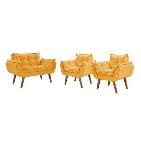 Conjunto Poltrona Pés Madeira Opalla Suede Amarelo