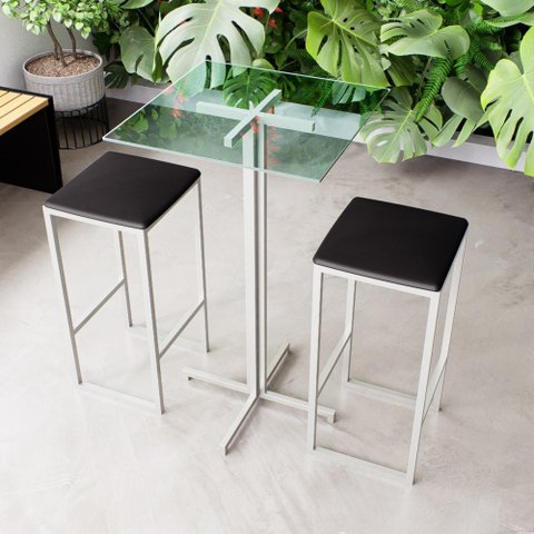 Conjunto Mesa Alta Bar Bistrô Quadrada Vidro 2 Bancos Estofado Don Castro Decor