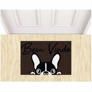 Tapete Capacho Vinil Bem Vindo Bulldog Pets para Decoração.:marrom