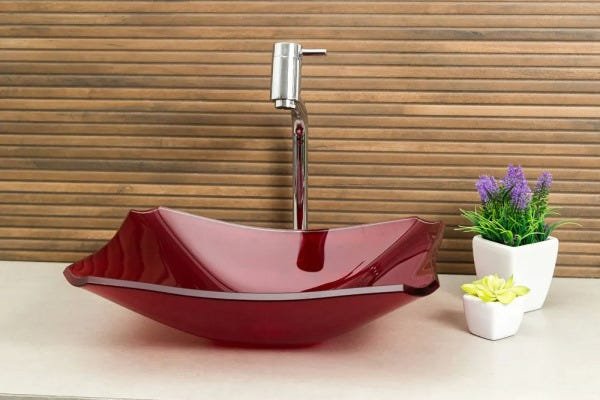 Kit: Cuba de Vidro Modelo Retrô 38cm Vinho + Torneira Link + Válvula Click + Sifão - 2