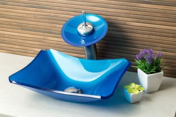 Kit: Cuba de Vidro Retrô 38cm Azul Matisse + Torneira Cascata + Válvula Click - 3