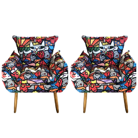 Kit 02 Poltronas Opala Suede Estampado Romero Britto Pés Palito