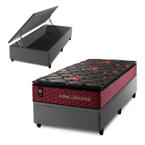 Conjunto Box Baú Solteirão Toronto Cinza 96x203x73 c/ Molas Ensacadas