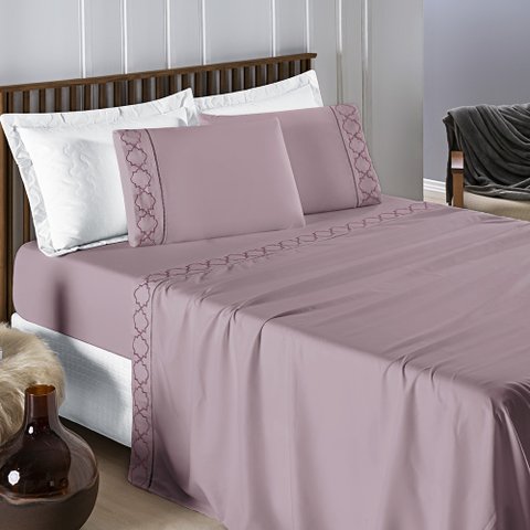 Jogo de Cama 300 Fios Bordado Casal Padrão Infinity 04 Peças - Frapê de Uva Bia Enxovais