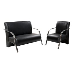 Kit Poltrona + Namoradeira Sevilha Braço Metal Decoração Recepção Escritório - Corino Preto - 1