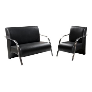 Kit Poltrona + Namoradeira Sevilha Braço Metal Decoração Recepção Escritório - Corino Preto
