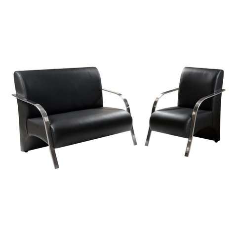 Kit Poltrona + Namoradeira Sevilha Braço Metal Decoração Recepção Escritório - Corino Preto