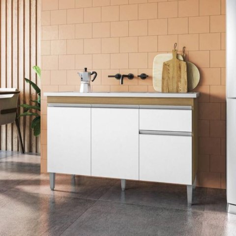 Balcão para Cozinha 2 Portas Forks Amendoa Branco