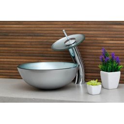 Cuba Vidro Redonda 30Cm Prata + Torneira Cascata + Válvula Click - 4