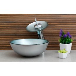 Cuba Vidro Redonda 30Cm Prata + Torneira Cascata + Válvula Click - 2