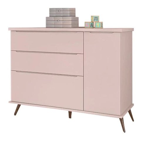 Cômoda Infantil Melinda Retrô 3 Gavetas 1 Porta Rosê_phoenix Baby