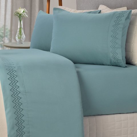 Jogo de Cama Casal Liso com Bordado 4 Peças - Steel - Bella Notte
