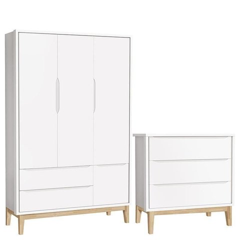 Cômoda Gaveteiro e Guarda Roupa Infantil 3 Portas New Classic Branco com Pés Madeira Natural -
