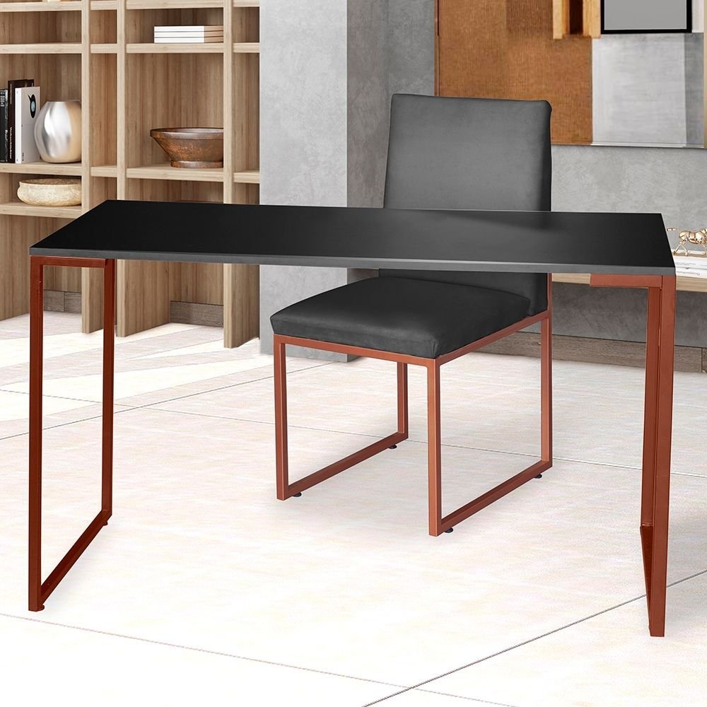 Kit Home Office Mesa Para Escritorio com Cadeira Garden Ferro Bronze Suede Cinza - Móveis Mafer - 2