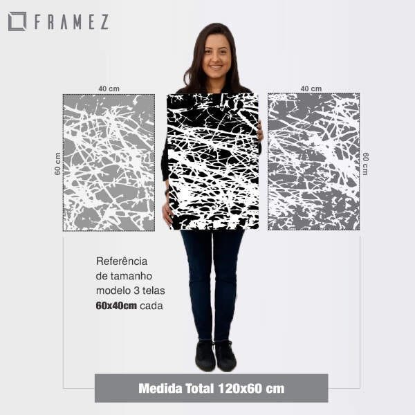 Quadro decorativo Para Sala Quarto em Preto e Branco Abstrato 3 Peças - 3