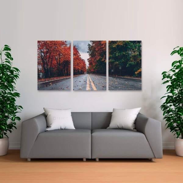 Quadro decorativo Estrada Corredor de Árvores Paisagem Mosaico 3 Peças - 1