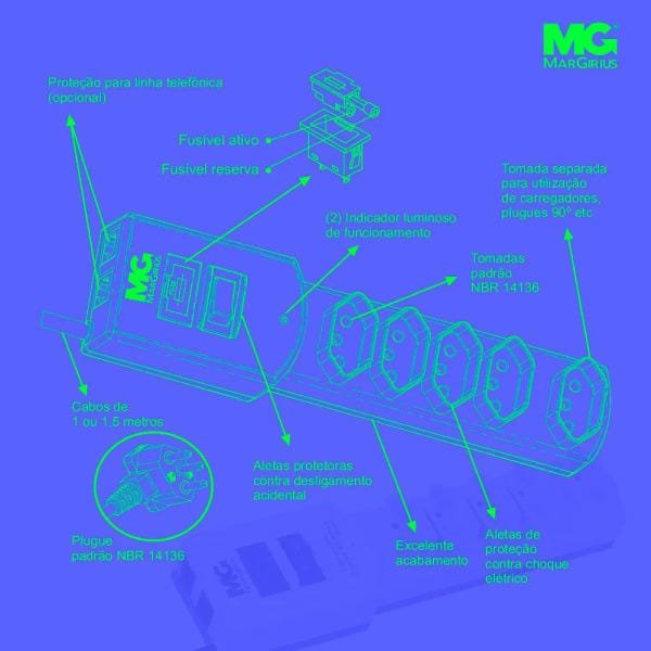 Filtro Cabo 1m5 Azul Bivolt Margirius - 8