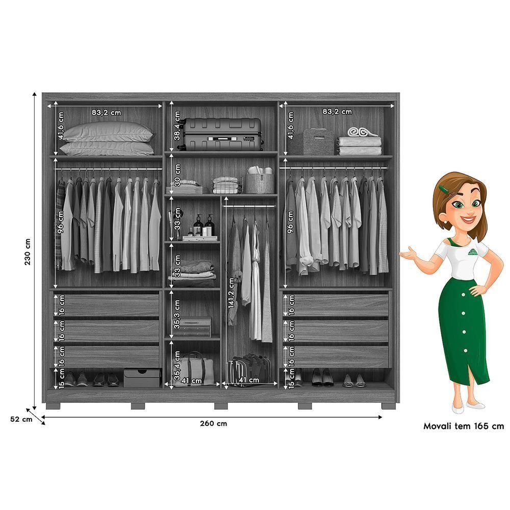 Guarda Roupa Casal Arizona 3 Portas Deslizantes Carvalho/fendi com
