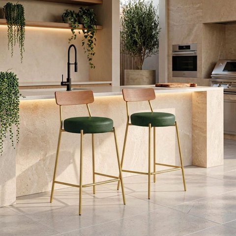 Banqueta Cozinha Alta Encosto Castanho KIT2 Industrial Dourado Londrina PU D03 - D'Rossi