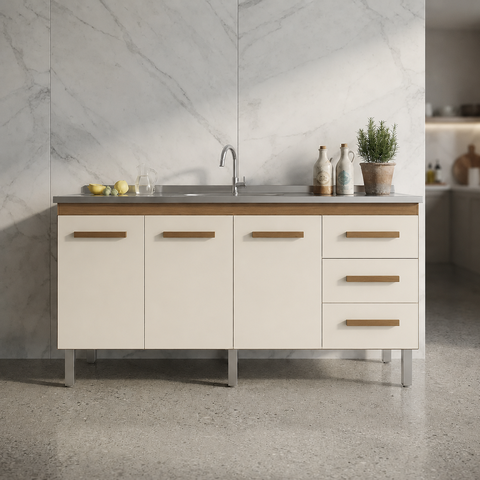 Balcão de Cozinha Gabinete para Pia 140cm Carina com 3 Portas e Gavetas sem Tampo - Savana/Off-White