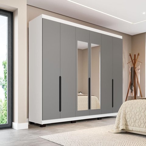 Roupeiro Casal Madri 6 Portas com Espelho 242x214cm Cinza/Branco 250829