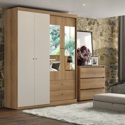 Guarda-Roupa Solteiro 4 Portas 2 Gavetas 150cm Star Off White Capuccino/Off White