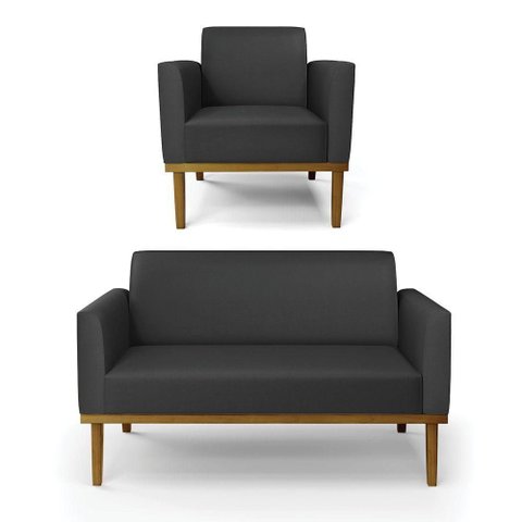 Sofá Namoradeira com Poltrona Base de Madeira Fixa Castanho Marisa Corino D03 - D?rossi Cor Preto