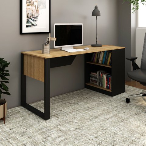 Mesa Escritório 2 Prateleiras Amêndoa e Preto