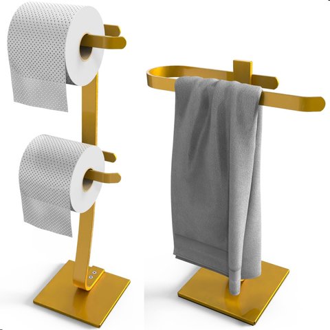Porta Papel Higiênico de Chão e Toalha Lavabo Dourado.d