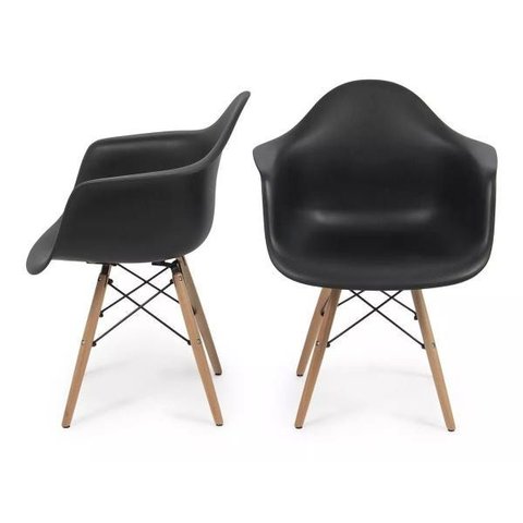 Cadeira Charles Eames Preta em Polipropileno com Braços e Base Wood para Sala e Escritório