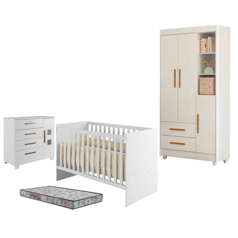 Guarda Roupa Flocos com Cômoda Fly e Berço Americano Soft Branco Acetinado Colchão Sleep - Tigus