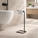 Ver imagem 1 de Suporte Porta Papel Higiênico de Chão para Banheiro Lavabo com Base Preta em Metal