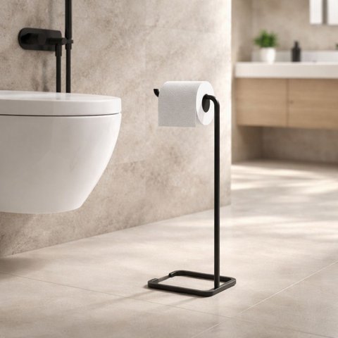 Suporte Porta Papel Higiênico de Chão para Banheiro Lavabo com Base Preta em Metal
