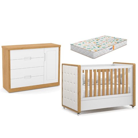 Berço Americano com Capitonê New Boucle e Cômoda Infantil Tutto New Freijó Branco Acetinado e Colchã