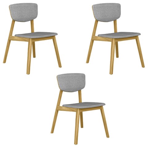 Kit 3 Cadeiras Decorativas Sala de Jantar Madeira Maciça Lang Linho Cinza/Mel - Gran Belo