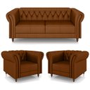 Ver imagem 2 de Conjunto Sala de Estar 1 Sofá Living 220cm e 2 Poltronas Stanford Chesterfield Pés Madeira Couro Car
