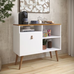 Balcão Aparador com 1 Porta e Prateleiras Multiuso para Cantinho do Café Branco/ipê