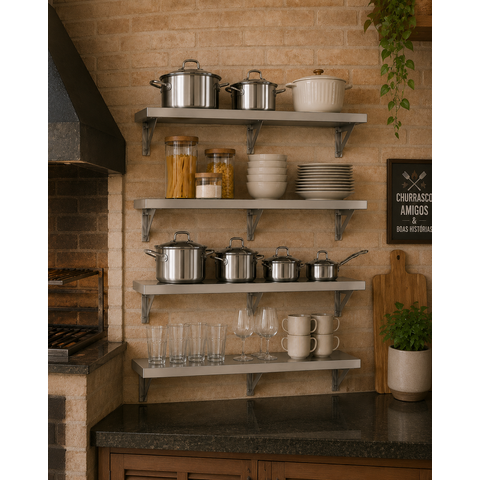 Kit 4 Prateleiras Inox de Parede 100x20cm Aço Inox Escovado