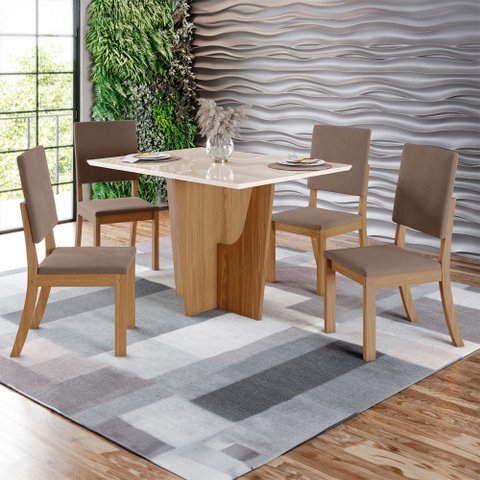 Mesa de Jantar 4 Lugares Antonella com Vidro Nature/off White/marrom Amêndoa - Panorama Móveis
