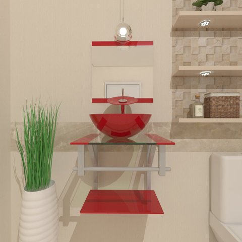 Gabinete de Vidro para Banheiro 40cm Cuba Redonda Ac Vermelho Ferrari