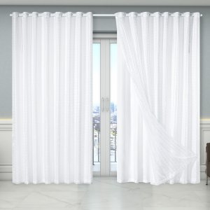 Cortina Voil Xadrez Estampado com Forro Microfibra 2,70m X 2,30m Semi Blecaute Sala Quarto Branco