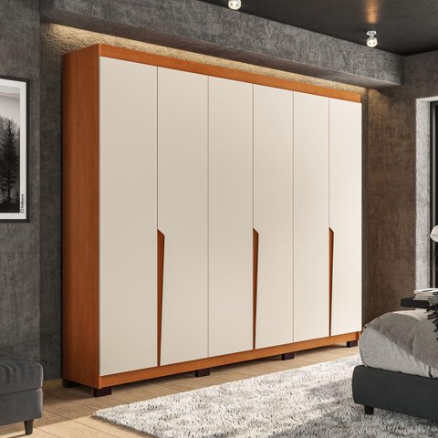 Roupeiro Casal Porto com 6 Portas 4 Gavetas 242x214cm Freijó/Creme 240825