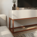 Ver imagem 2 de Rack Eros 140cm Minimalista e Moderno com 2 Gavetas Organizadoras e Base Metálica:off White/cobre