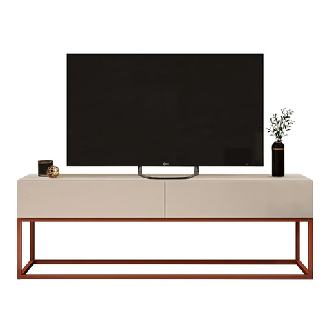 Rack Eros 140cm Minimalista e Moderno com 2 Gavetas Organizadoras e Base Metálica:off White/cobre