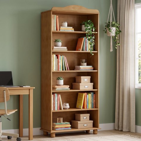 Estante para Livros em Pinus Maciço com 5 Prateleiras e Pés Torneados 85x190x35cm