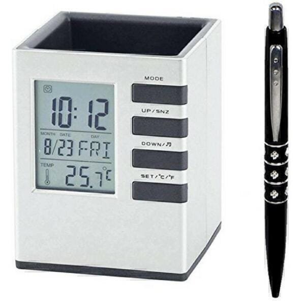 Porta Caneta Lápis Calendário Digital Termômetro Relógio Led - 2