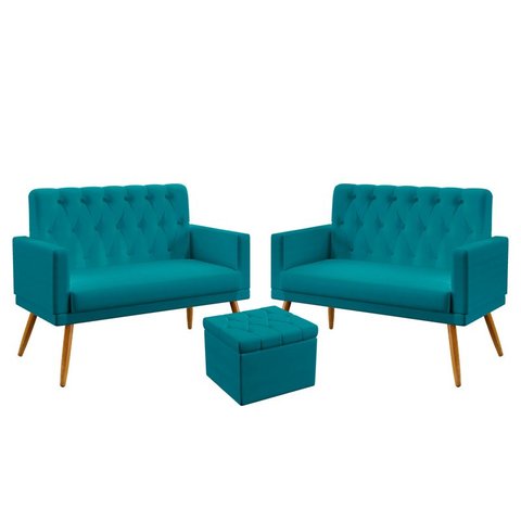 Kit 2 Poltronas Namoradeira Vega Rodapé e Capitonê com Puff Quasar Suede Azul Turquesa Aradecor